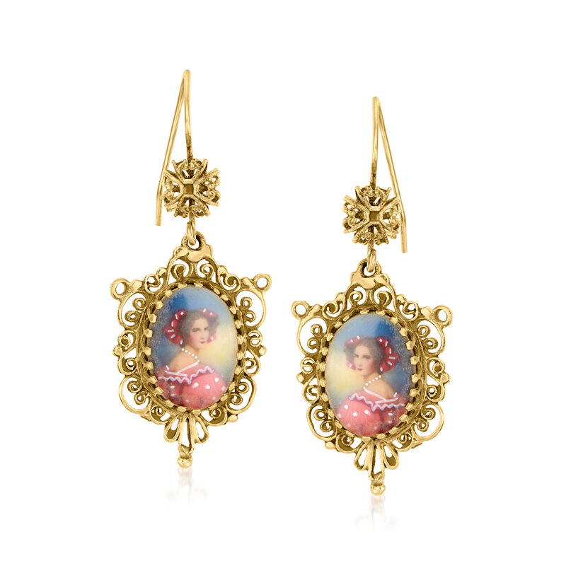 C. 1950 Vintage Painted Portrait Drop Earrings in 14kt Yellow Gold image number 0