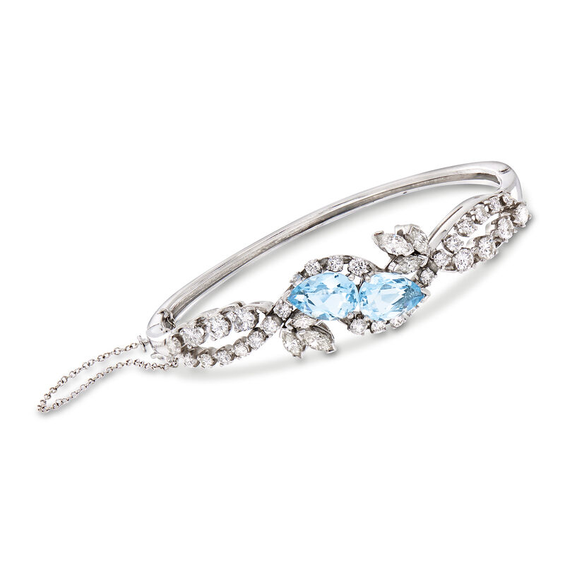 C. 1970 Vintage 3.00 ct. t.w. Aquamarine and 2.40 ct. t.w. Diamond Bangle Bracelet in 14kt White Gold image number 0