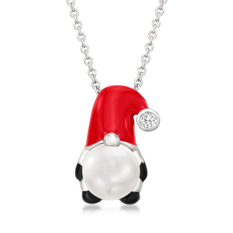 7.5-8mm Cultured Pearl Santa Gnome Pendant Necklace with Enamel and White Topaz Accent in Sterling Silver image number 0