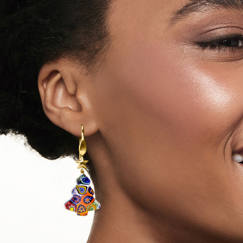 Italian Multicolored Murano Glass Millefiori Christmas Tree Drop Earrings with 18kt Gold Over Sterling image number 1