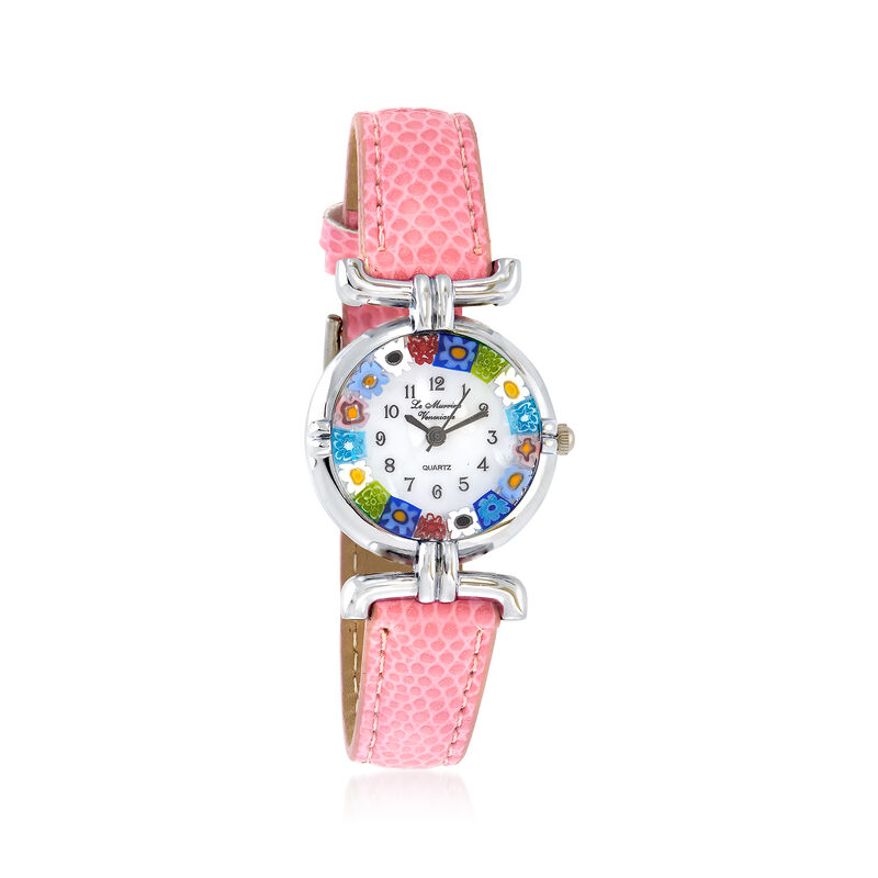 Italian Woman's Floral Multicolored Murano Glass 26mm Watch with Pink Leather image number 0