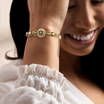 C. 1960 Vintage 2-3.5mm Cultured Pearl and Opal Bangle Bracelet in 14kt Yellow Gold