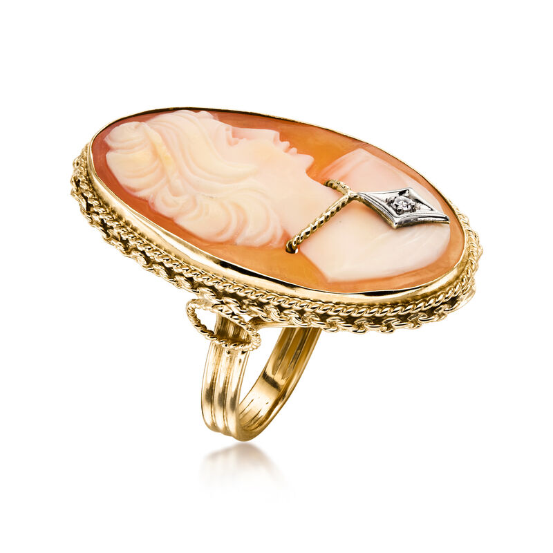 C. 1960 Vintage Orange Shell Cameo Ring with Single Diamond in 14kt Yellow Gold. Size 7 image number 2