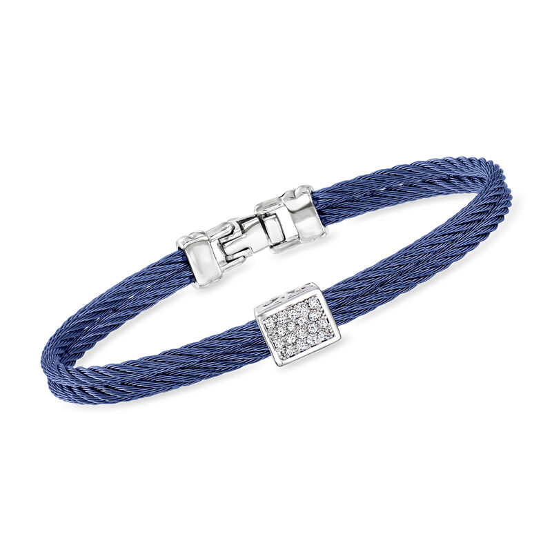 ALOR Blue Stainless Steel Cable Bracelet with .15 ct. t.w. Diamond Station in 18kt White Gold. 7&quot; image number 0