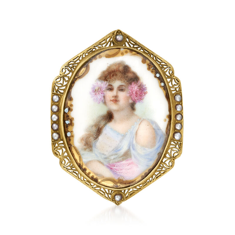 C. 1950 Vintage Hand-Painted Porcelain Pin with Seed Pearls in 14kt Yellow Gold image number 0