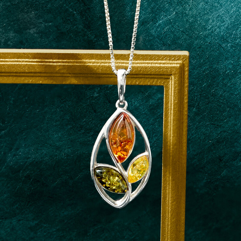 Multicolored Amber Leaf Pendant Necklace in Sterling Silver image number 2
