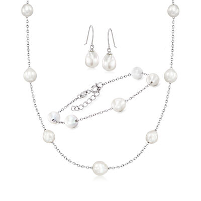 6-8mm Cultured Semi-Baroque Pearl Jewelry Set: Necklace, Bracelet and Drop Earrings in Sterling Silver