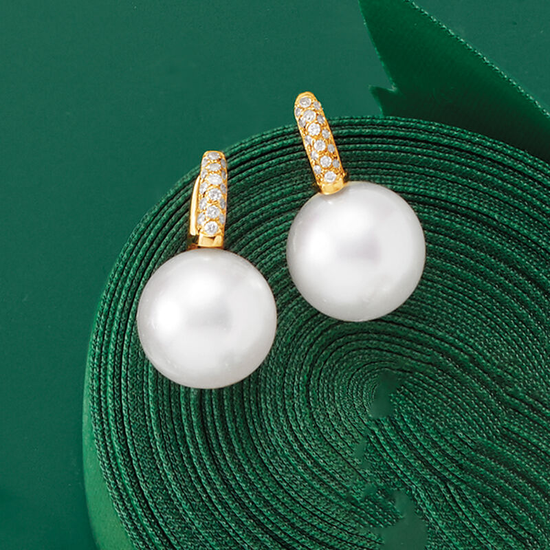 12-13mm Cultured South Sea Pearl and .16 ct. t.w. Diamond Earrings in 18kt Yellow Gold image number 6