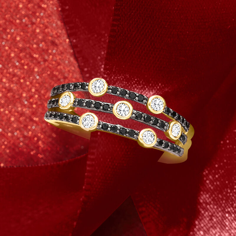 .50 ct. t.w. Black and White Diamond Three-Row Ring in 14kt Yellow Gold image number 3