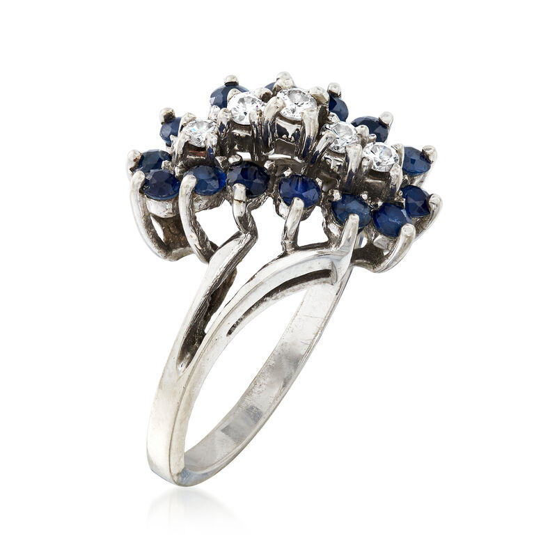 C. 1970 Vintage 1.00 ct. t.w. Sapphire and .25 ct. t.w. Diamond Cluster Ring in 14kt White Gold image number 2