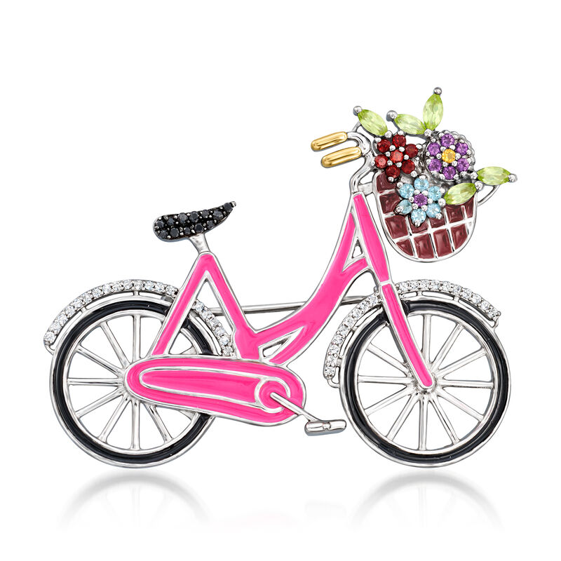 .92 Multi-Gemstone and Multicolored Enamel Floral Bike Pin in Sterling Silver and 18kt Gold Over Sterling image number 0