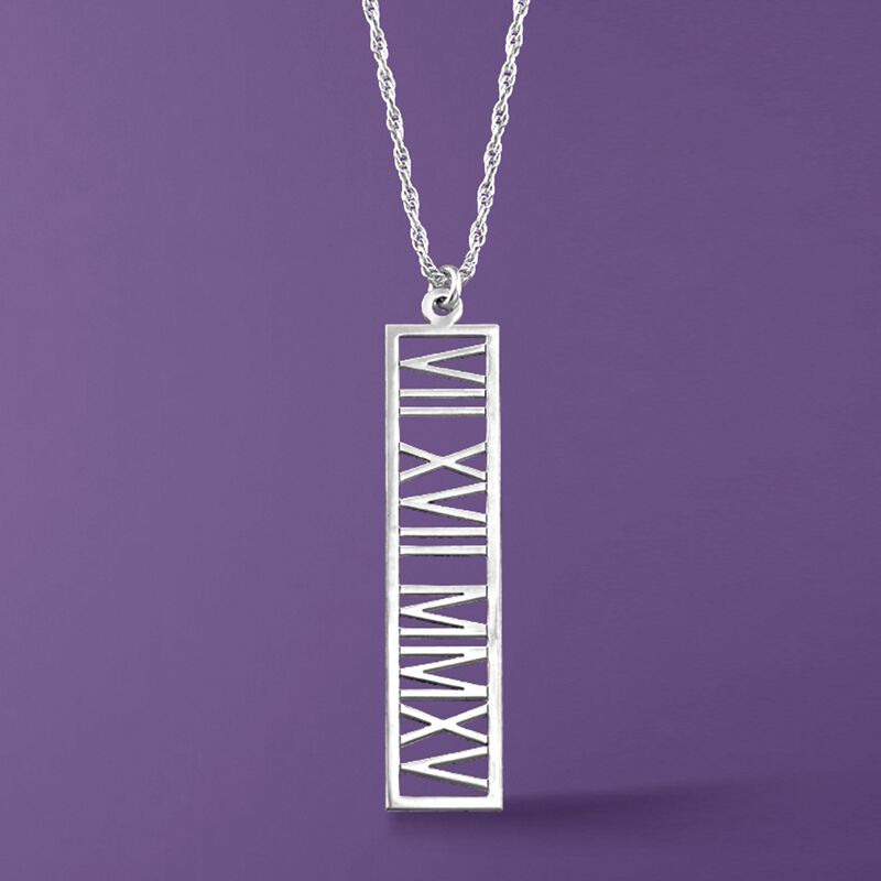Sterling Silver Personalized Roman Numeral Date Pendant Necklace image number 2