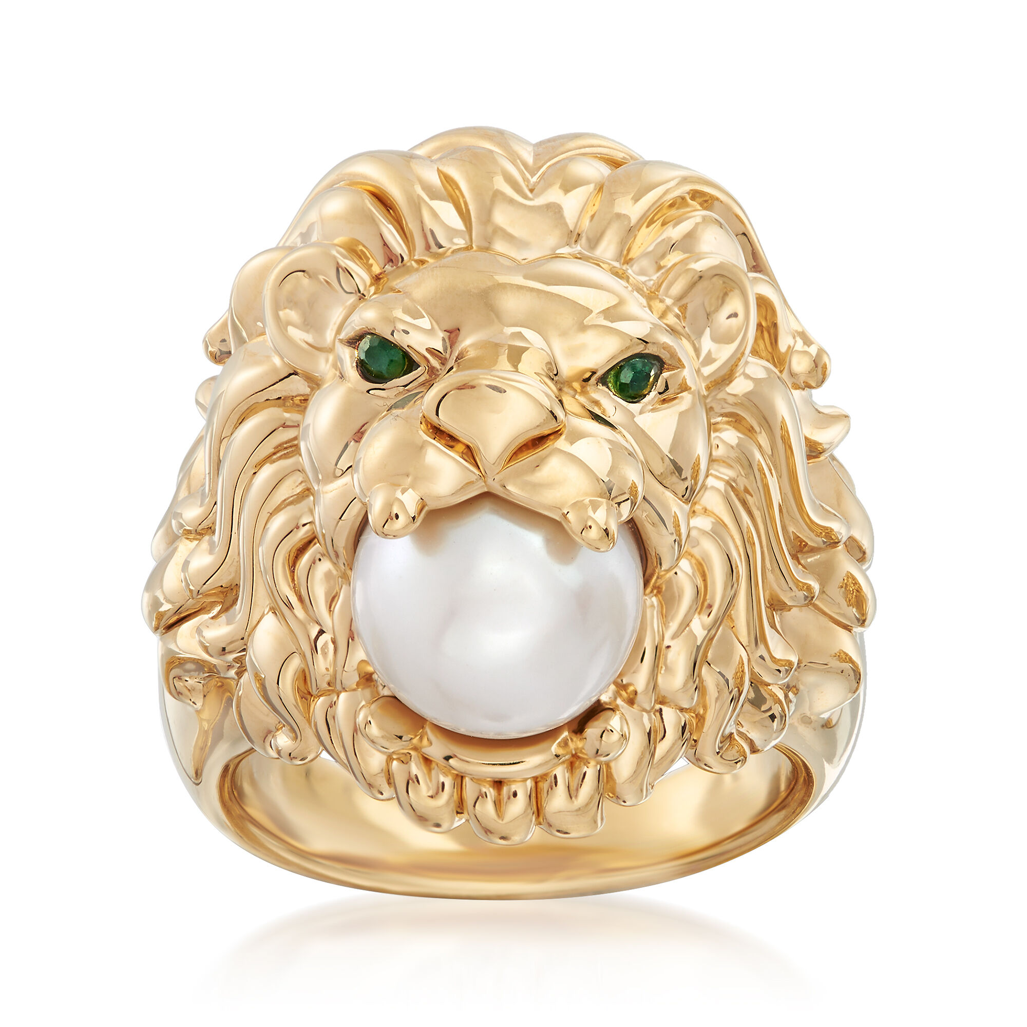 9-9.5mm Cultured Pearl Lion Head Ring with Emerald Accents in 14kt