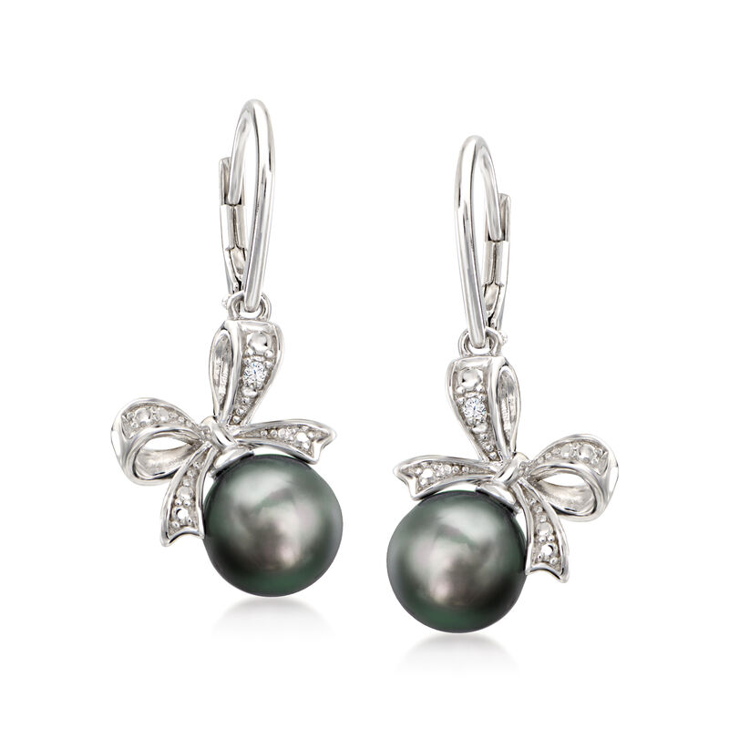 8-8.5mm Black Cultured Tahitian Pearl Bow Drop Earrings with Diamonds in Sterling Silver  image number 0