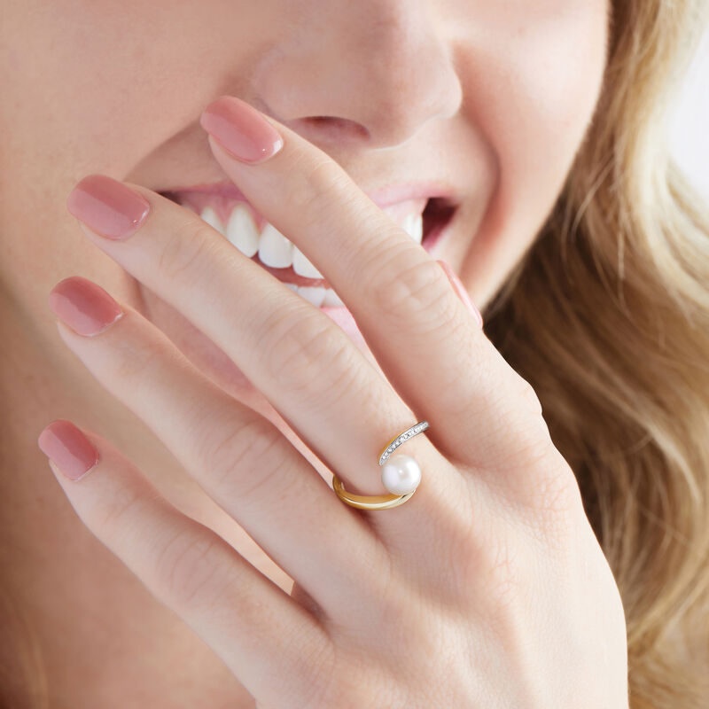 7mm Cultured Pearl and Diamond-Accented Bypass Ring in 14kt Yellow Gold image number 1