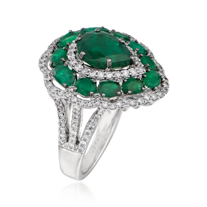 4.50 ct. t.w. Emerald and .93 ct. t.w. Diamond Scallop Ring in 14kt White Gold image number 1