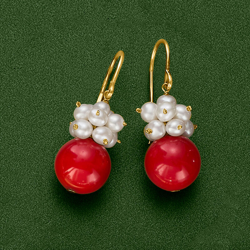 10-10.5mm Red Coral and 3-4mm Cultured Pearl Cluster Drop Earrings in 14kt Yellow Gold image number 2