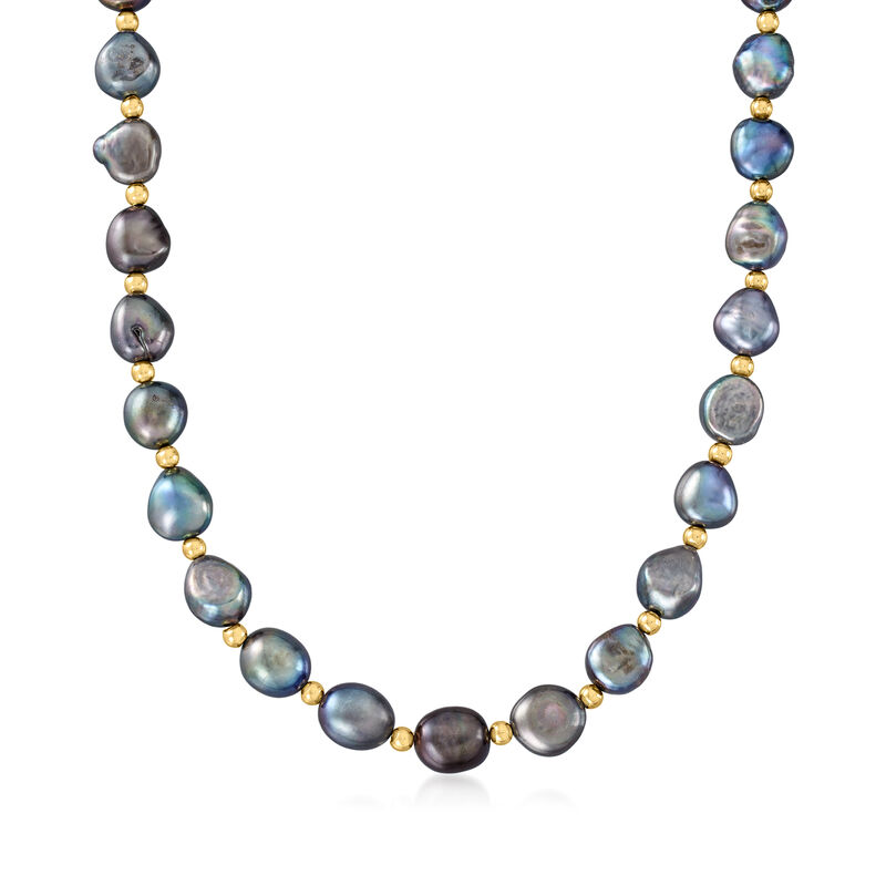 10.5-11.5mm Black Cultured Baroque Pearl Necklace with 14kt Yellow Gold image number 0