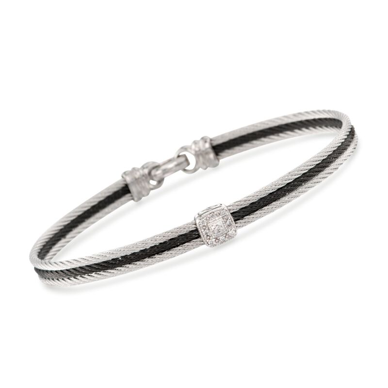 ALOR &quot;Noir&quot; Two-Tone Stainless Steel Cable Bracelet with Diamonds and 18kt White Gold. 7&quot; image number 0