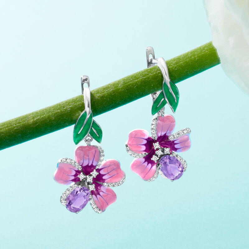 1.40 ct. t.w. Amethyst and .28 ct. t.w. White Topaz Flower Drop Earrings with Multicolored Enamel in Sterling Silver image number 4