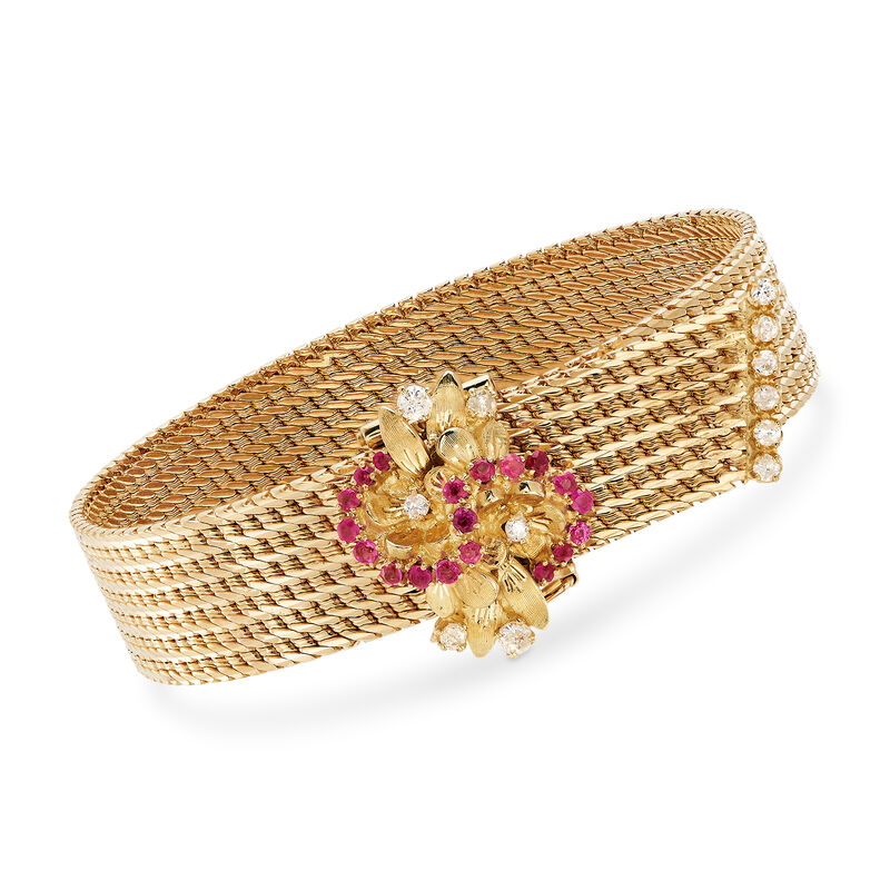 C. 1980 Vintage .50 ct. t.w. Ruby and .45 ct. t.w. Diamond Cluster Mesh Bracelet in 18kt Yellow Gold. 7.5&quot; image number 0