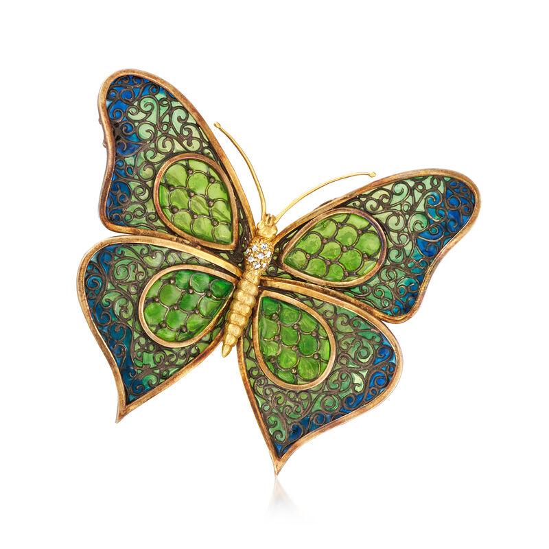 C. 1960 Vintage Multicolored Enamel Plique-A-Jour Butterfly Pin with Diamonds in 18kt Yellow Gold image number 0