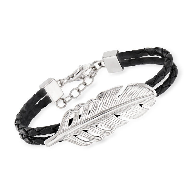 Sterling Silver Feather and Black Leather Bracelet image number 0