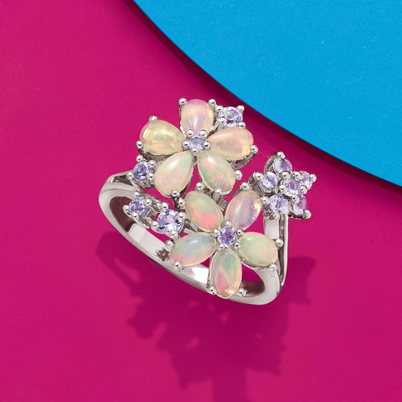 Opal and .36 ct. t.w. Tanzanite Flower Ring in Sterling Silver image number 4