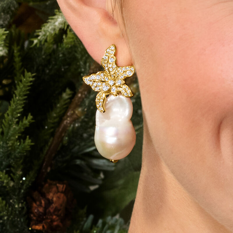 Italian 13-18mm Cultured Baroque Pearl and 1.80 ct. t.w. CZ Flower Earrings in 18kt Gold Over Sterling  image number 7