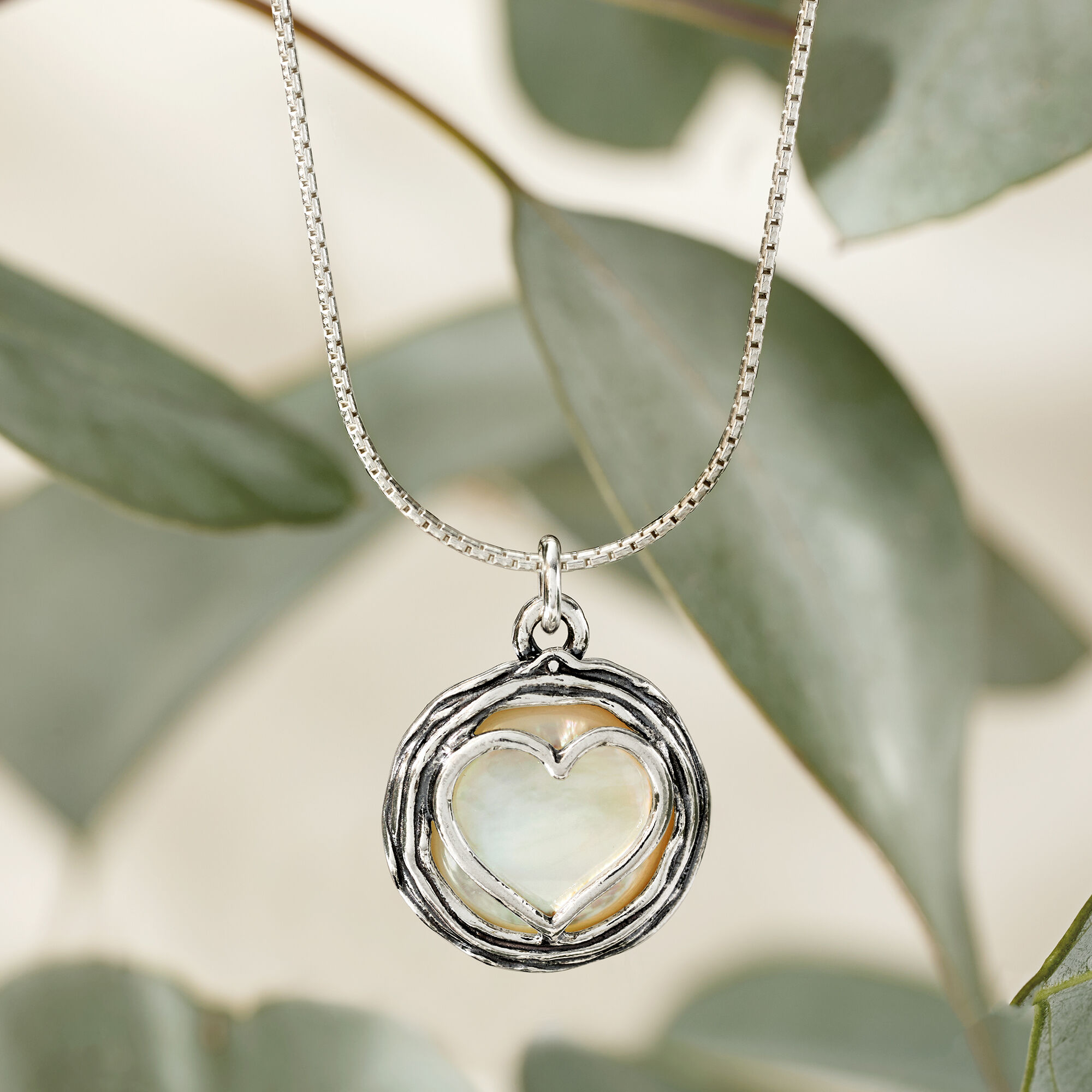 Mother-of-Pearl Heart Overlay Necklace in Sterling Silver