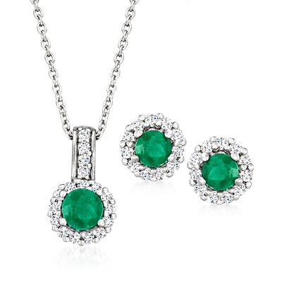 .90 ct. t.w. Emerald and .80 ct. t.w. White Topaz Jewelry Set: Earrings and Pendant Necklace in Sterling Silver