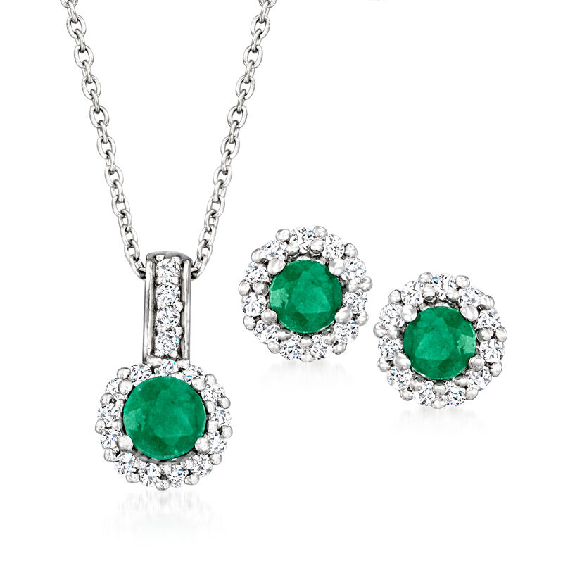 .90 ct. t.w. Emerald and .80 ct. t.w. White Topaz Jewelry Set: Earrings and Pendant Necklace in Sterling Silver image number 0