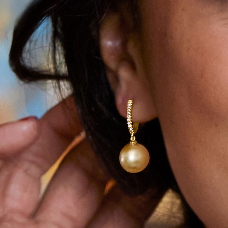 10-11mm Golden South Sea Pearl and .11 ct. t.w. Diamond Hoop Drop Earrings in 14kt Yellow Gold  image number 3