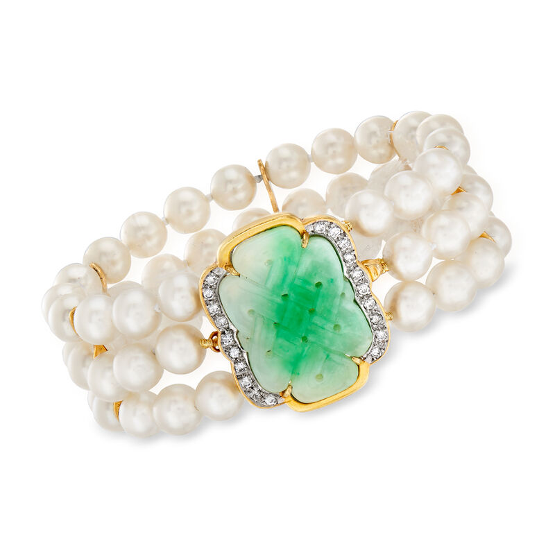 C. 1980 Vintage Jade, 6.5mm Cultured Pearl and .40 ct. t.w. Diamond Three-Row Bracelet in 14kt Yellow Gold. 6.5&quot; image number 0