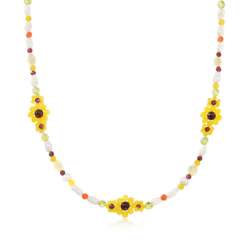 Cultured Pearl and Multi-Gemstone Bead Sunflower Necklace with 18kt Gold Over Sterling. 18" image number 1