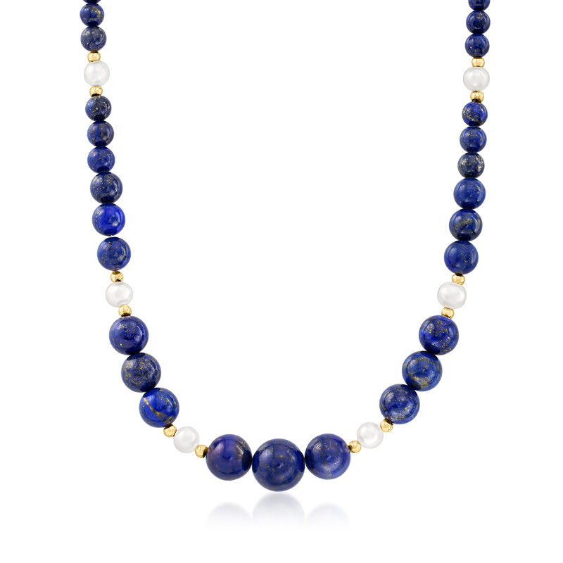 Lapis and 8-8.5mm Cultured Pearl Station Necklace with 14kt Yellow Gold. 18&quot; image number 1