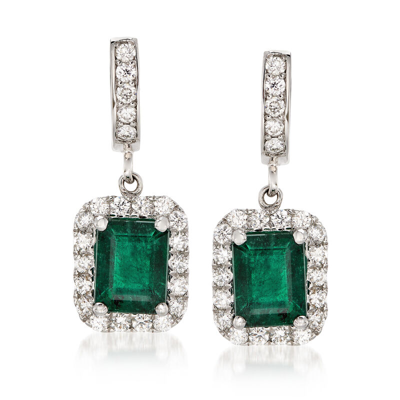 4.80 ct. t.w. Emerald and 1.40 ct. t.w. Diamond Drop Earrings in 14kt White Gold image number 0