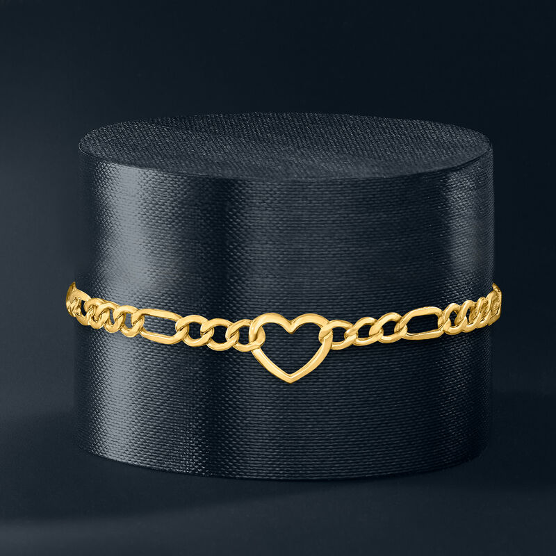 14kt Yellow Gold Figaro-Link Heart Station Bracelet. 7&quot; image number 2