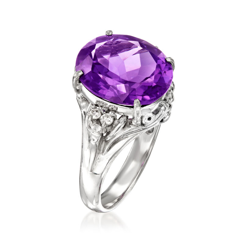 C. 1990 Vintage 4.12 Carat Amethyst Ring with Diamonds in Platinum. Size 6 image number 2