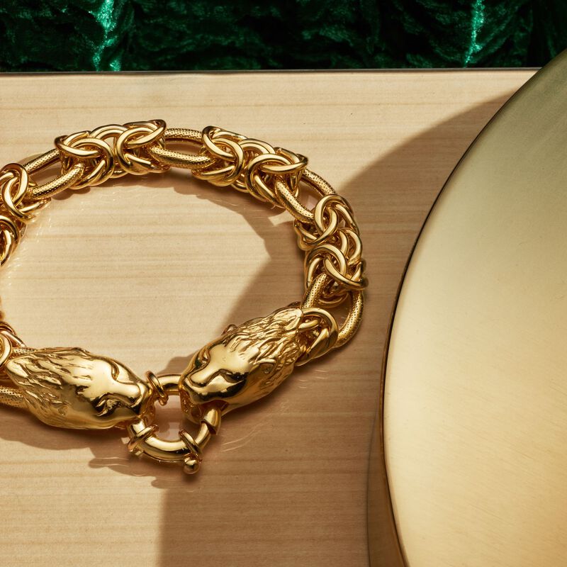 Italian 24kt Gold Over Sterling Byzantine Double Lion Head Bracelet image number 2