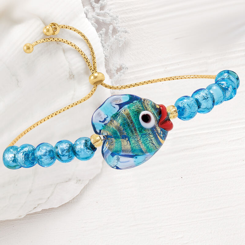 Italian Multicolored Murano Glass Fish and Bead Bolo Bracelet with 18kt Gold Over Sterling image number 3