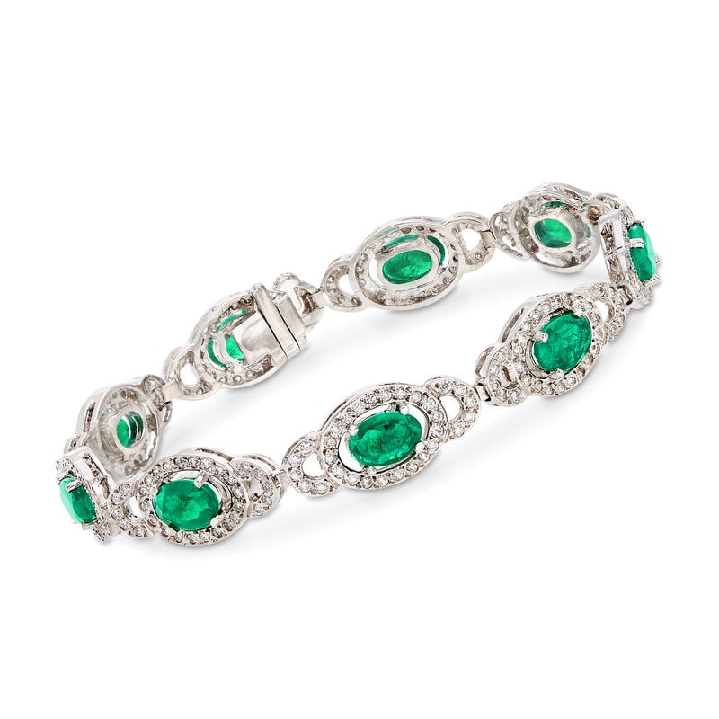6.60 ct. t.w. Emerald and 1.60 ct. t.w. Diamond Oval Link Bracelet in 14kt White Gold image number 0
