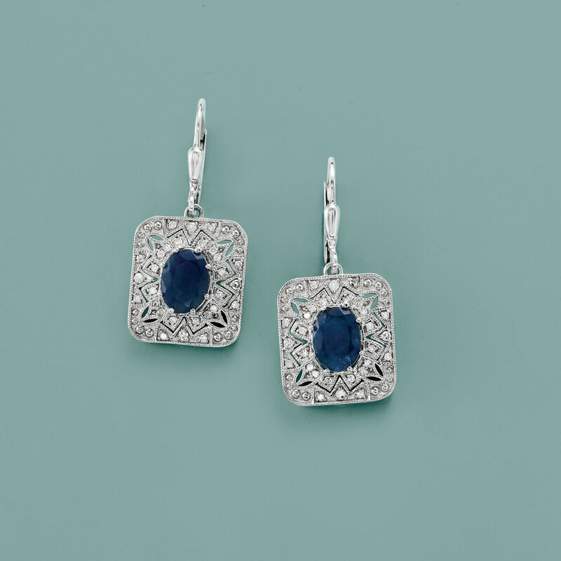 2.90 ct. t.w. Sapphire and .26 ct. t.w. Diamond Vintage-Style Drop Earrings in Sterling Silver image number 2