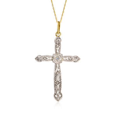 C. 1970 Vintage Platinum and 14kt Yellow Gold Cross Pendant Necklace with Diamonds