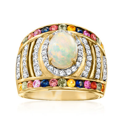 Opal Ring with 1.30 ct. t.w. Multicolored Sapphires and .60 ct. t.w. White Zircon in 18kt Gold Over Sterling