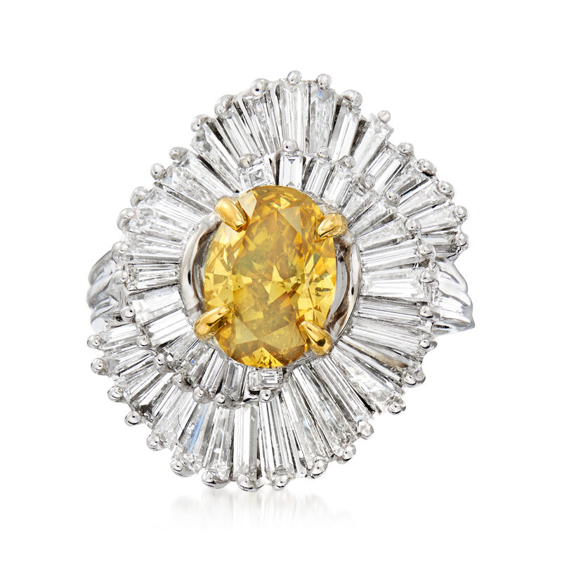 C. 2000 Vintage 2.04 Carat Certified Yellow Diamond and 3.50 ct. t.w. White Diamond Cocktail Ring in 14kt and 18kt Two-Tone Gold. Size 7 image number 0