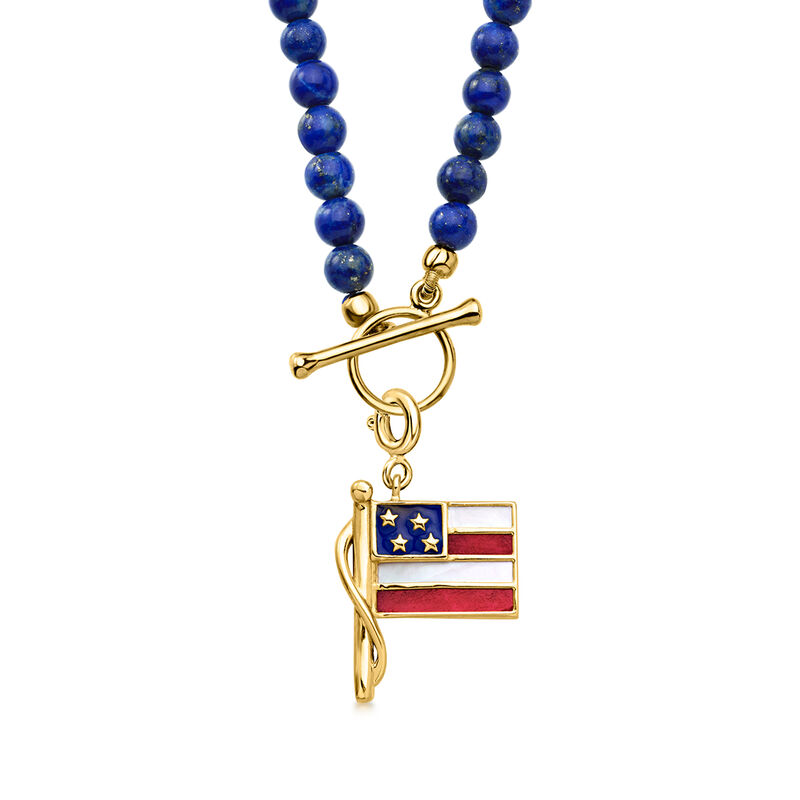 Mother-of-Pearl and 2.30 ct. t.w. Ruby American Flag Charm with Blue Enamel in 18kt Gold Over Sterling  image number 2