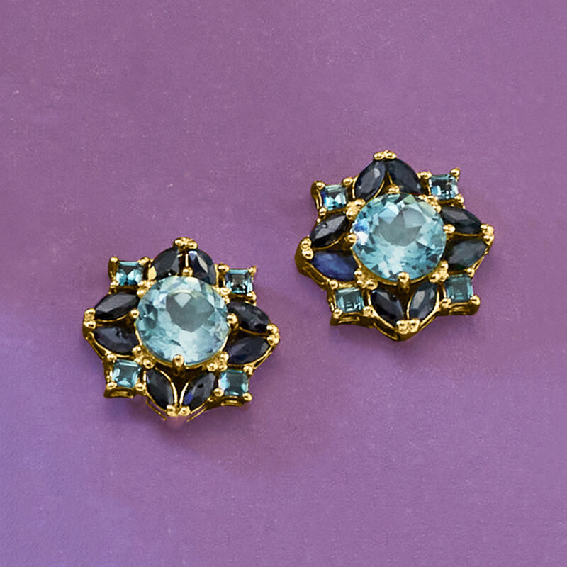 3.00 ct. t.w. Sky Blue Topaz, 1.20 ct. t.w. Sapphire and .60 ct. t.w. London Blue Topaz Earrings in 18kt Gold Over Sterling  image number 2