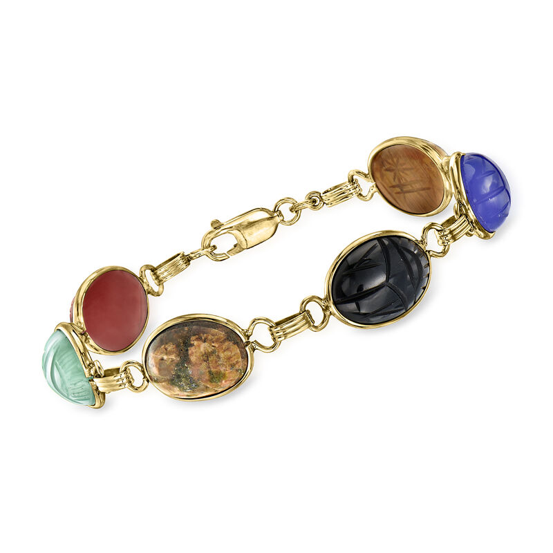 C. 1960 Vintage Multi-Gemstone Scarab Bracelet in 14kt Yellow Gold image number 0