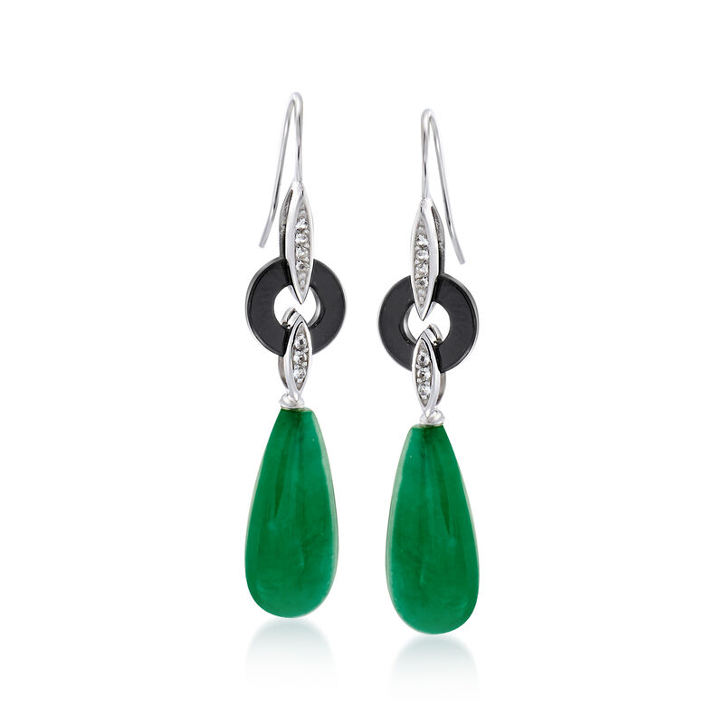 20x10mm Green Jade Teardrop Earrings with Black Agate and White Topaz in Sterling Silver image number 0